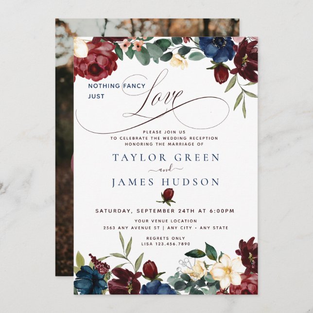 Burgundy Navy  Floral | Casual Wedding Reception  Invitation (Front/Back)