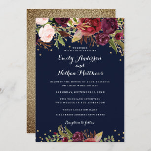 Burgundy Navy Floral Confetti Wedding Invitation