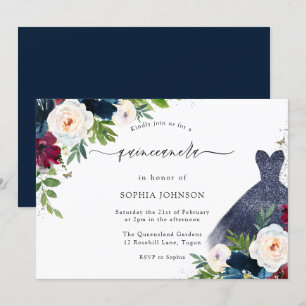 Burgundy & Navy Floral Dress Quinceanera Party Invitation