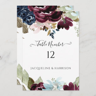 Burgundy Navy Floral Elegant Foliage Table Number
