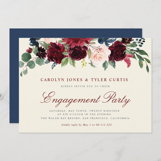 burgundy navy floral engagement party invitation (Front/Back)