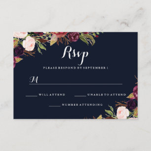 Burgundy Navy Floral Fall Wedding RSVP Card