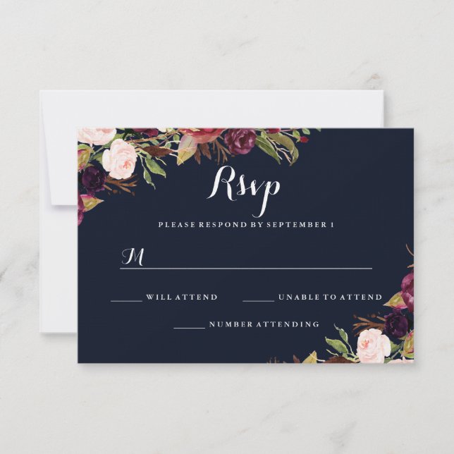 Burgundy Navy Floral Fall Wedding RSVP Card (Front)