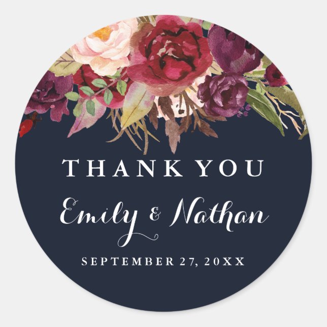 Burgundy Navy Floral Fall Wedding Sticker (Front)
