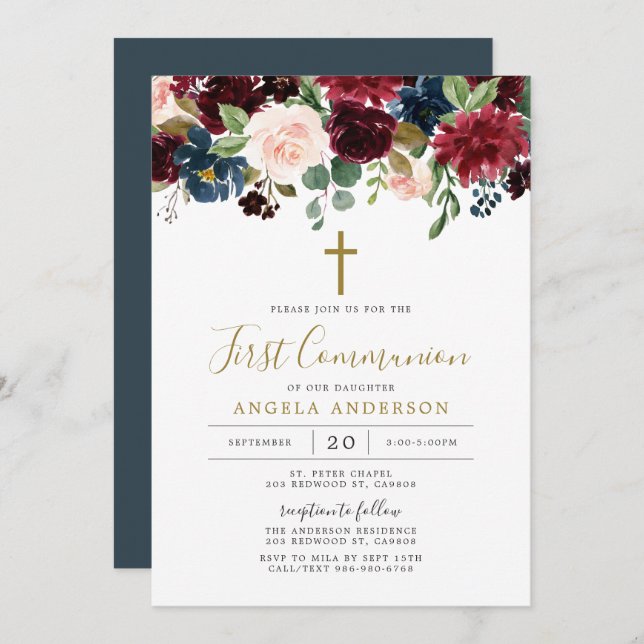 Burgundy Navy Floral First Communion Invitation (Front/Back)