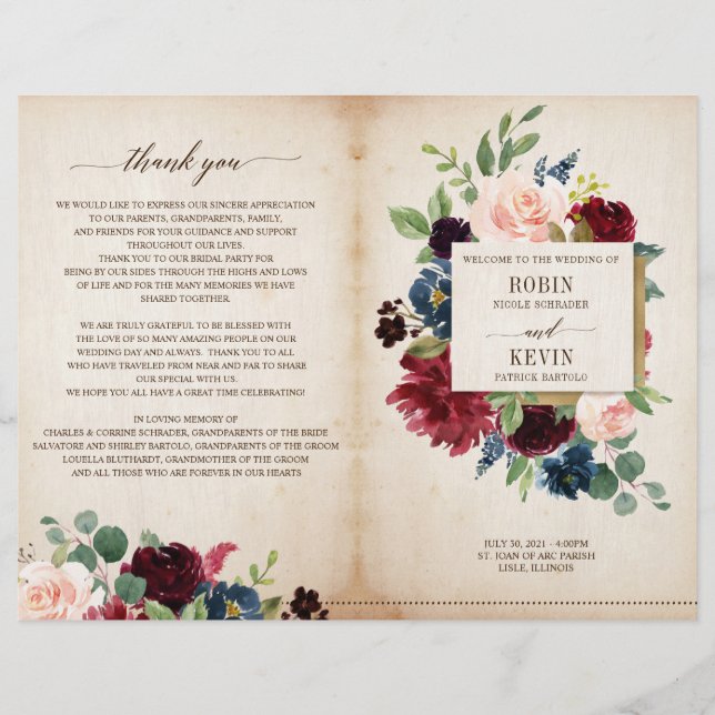 Burgundy Navy Floral Folded Wedding Program (Front)