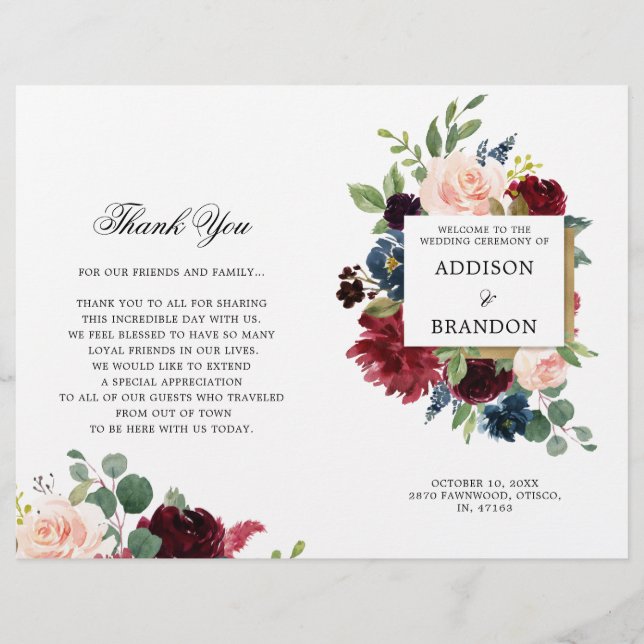 Burgundy Navy Floral Folded Wedding Program (Front)