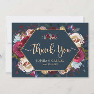 Burgundy Navy Floral Frame Wedding Thank You Card