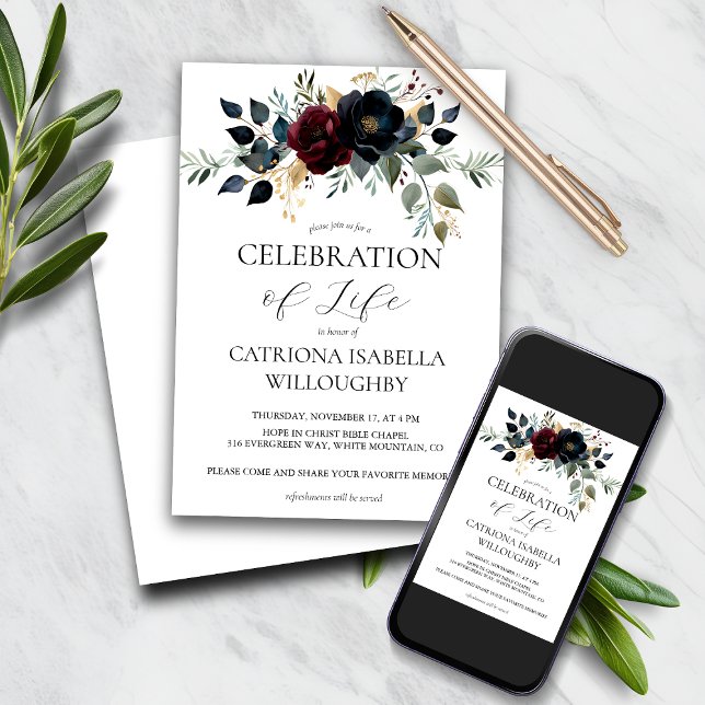 Burgundy Navy Floral Funeral Memorial Invitation (Creator Uploaded)