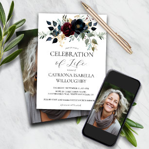 Burgundy Navy Floral Funeral Memorial Invitation