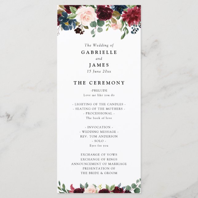 Burgundy navy floral garland wedding program (Front)