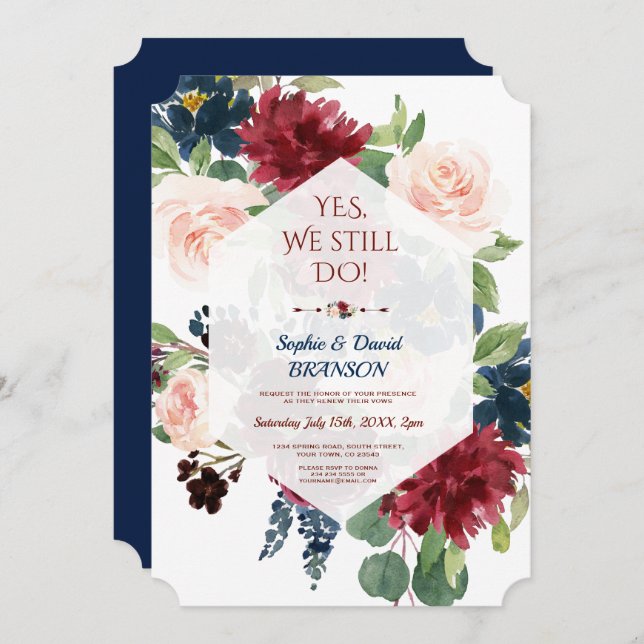 Burgundy Navy Floral Geometric Wedding Anniversary Invitation (Front/Back)