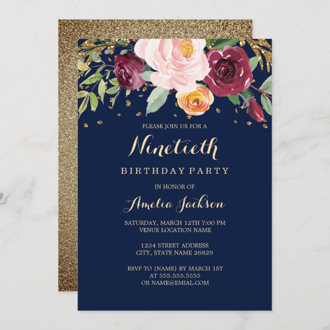 Burgundy Navy Floral Glitter 90th Birthday Party Invitation (Front/Back)