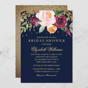 Burgundy Navy Floral Glitter Bridal Shower Invitation