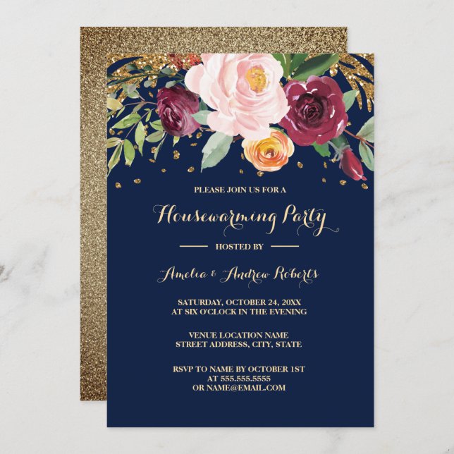 Burgundy Navy Floral Glitter Housewarming Party Invitation (Front/Back)