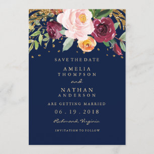 Burgundy Navy Floral Glitter Save The Date