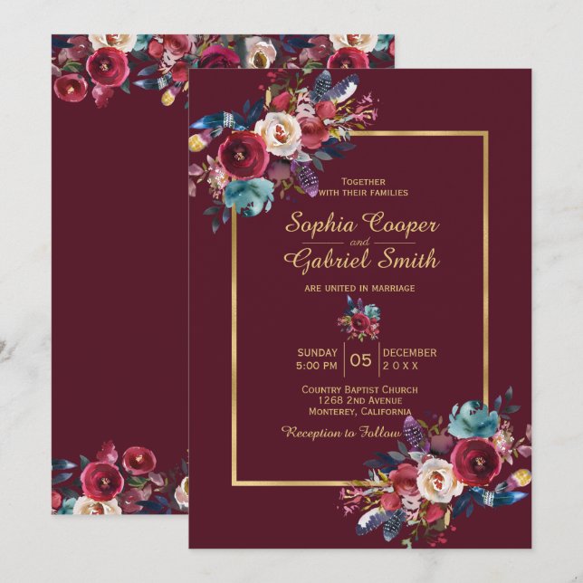 Burgundy Navy Floral Gold Frame on bordo Wedding Invitation (Front/Back)