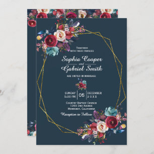 Burgundy Navy Floral Gold Frame on grey Wedding Invitation