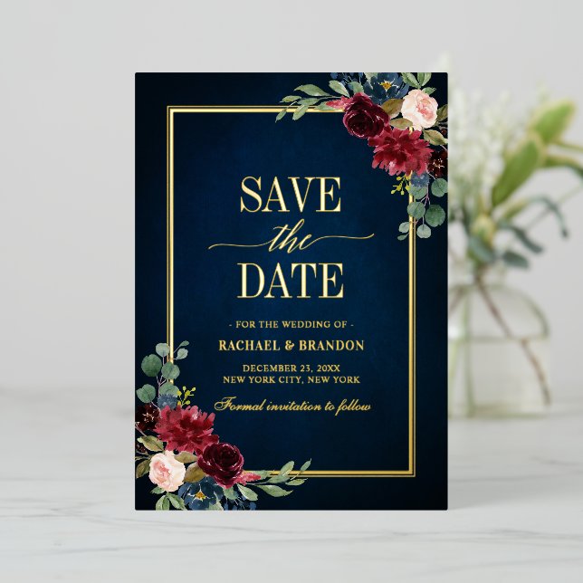 Burgundy Navy Floral Gold Frame Save the Date (Standing Front)