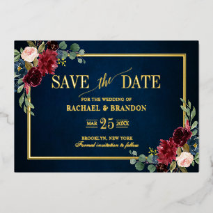 Burgundy Navy Floral Gold Frame Save the Date