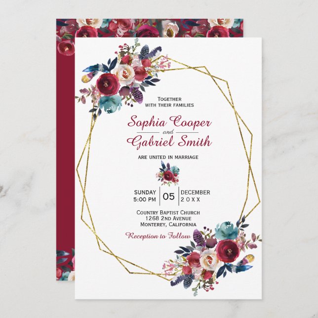 Burgundy Navy Floral Gold Frame Wedding Invitation (Front/Back)