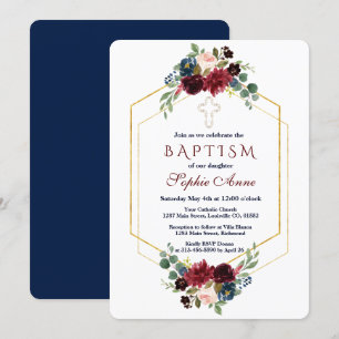 Burgundy Navy Floral Gold Hexagon Frame Baptism Invitation