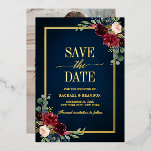 Burgundy Navy Floral Gold Photo Save the Date
