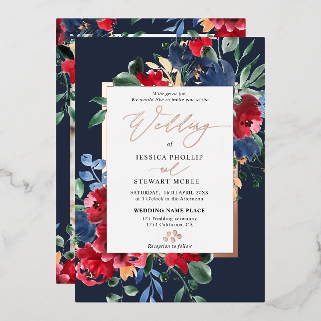 Burgundy navy floral gold script photo wedding (Front/Back)