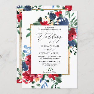 Burgundy navy floral gold script photo wedding invitation