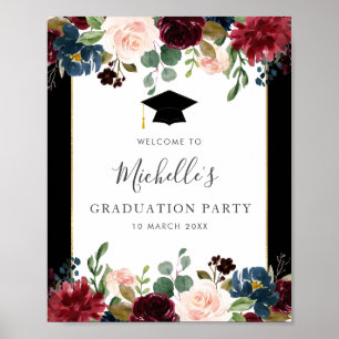 burgundy navy floral graduation welcome sign