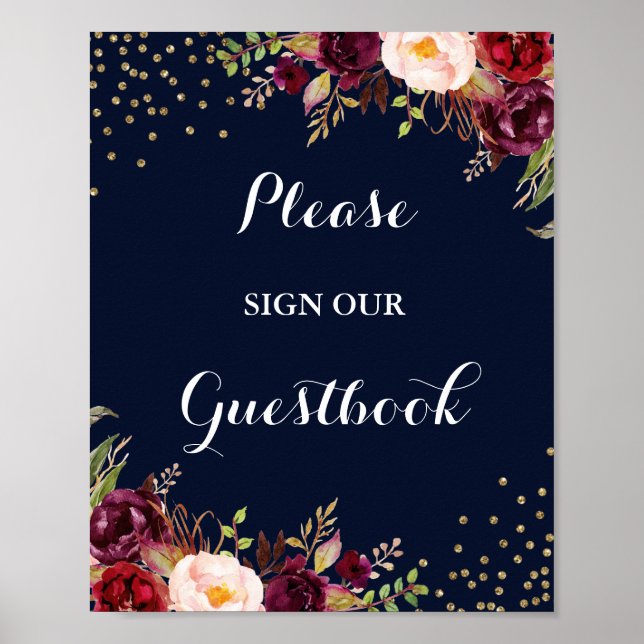 Burgundy Navy Floral Guestbook Wedding Sign (Front)