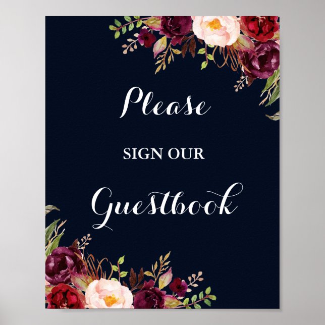 Burgundy Navy Floral Guestbook Wedding Sign (Front)