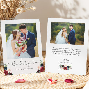 Burgundy Navy Floral Heart Script Wedding Photo Thank You Card