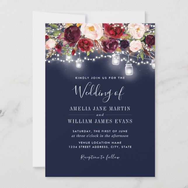 Burgundy Navy Floral Lights Wedding Invitation (Front)