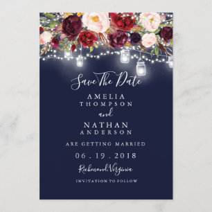 Burgundy Navy Floral Lights Wedding Save The Date