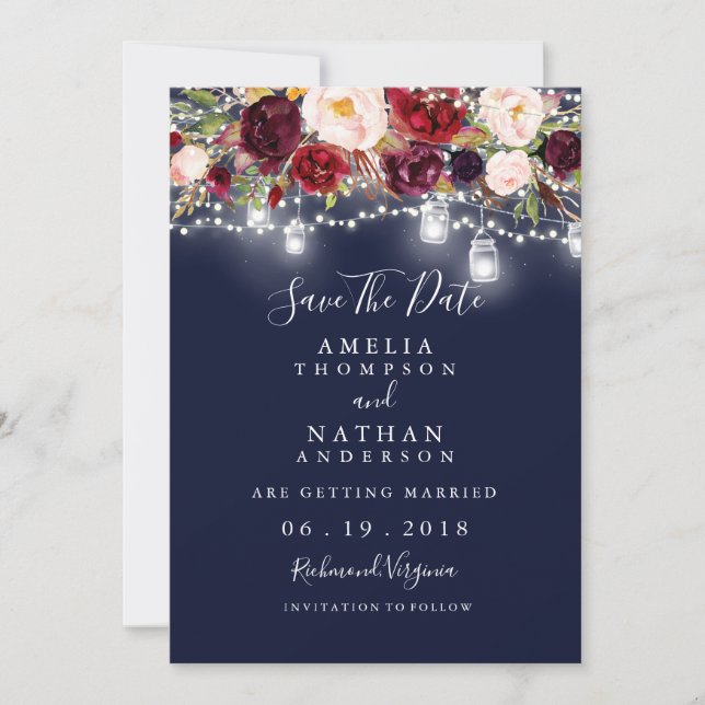 Burgundy Navy Floral Lights Wedding Save The Date (Front)