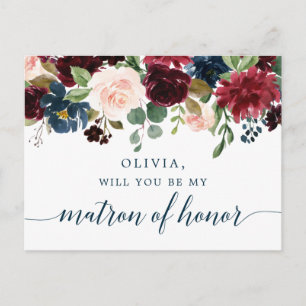 Burgundy Navy Floral Matron of Honour Proposal Car Postcard