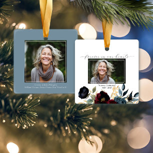 Burgundy Navy Floral Memorial Square Ceramic Ornament