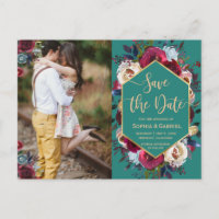 Burgundy Navy Floral on Green Photo Save the Date