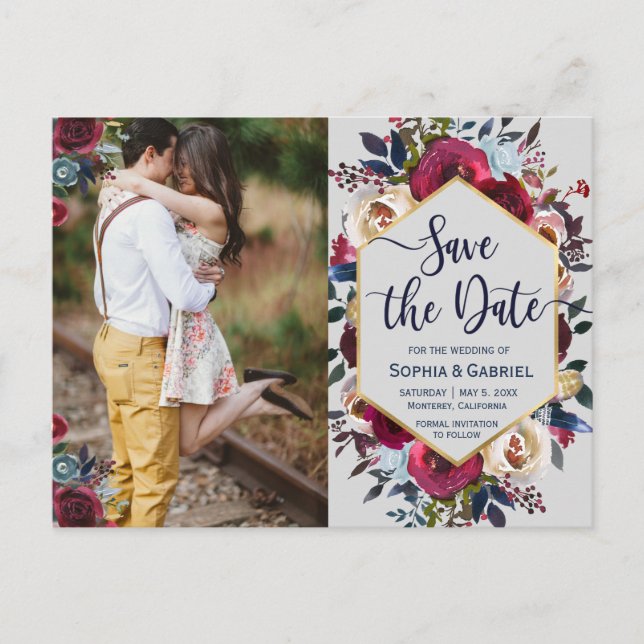 Burgundy Navy Floral on Grey Save the Date Announcement Postcard (Front)