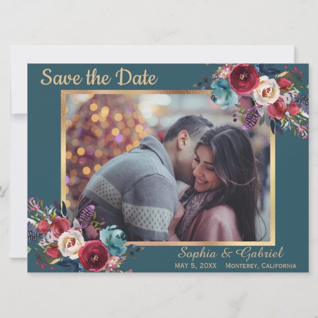 Burgundy Navy Floral on Teal | Photo Save the Date (Front)