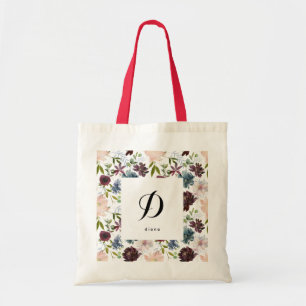 Burgundy Navy Floral Pattern Custom Name Initial Tote Bag