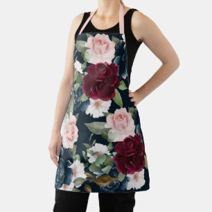Burgundy & Navy Floral Pattern Monogram Navy Apron