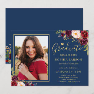 Burgundy Navy Floral Photo Graduation Celebration Invitation