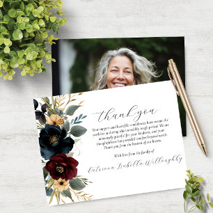Burgundy Navy Floral Photo Memorial Thank You Card