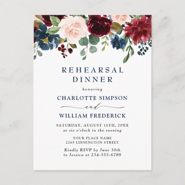 Burgundy Navy Floral REHEARSAL  DINNER Invitations (Front)