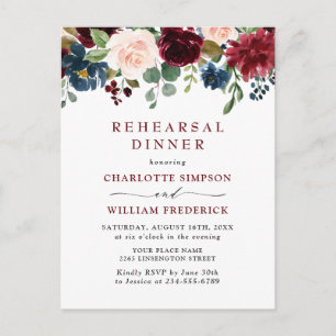 Burgundy Navy Floral REHEARSAL DINNER Invitations