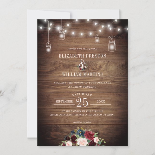Burgundy Navy Floral Rustic Barn Wood Wedding Invitation (Front)