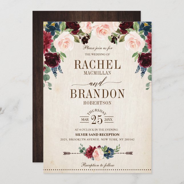 Burgundy Navy Floral Rustic Boho Country Wedding Invitation (Front/Back)