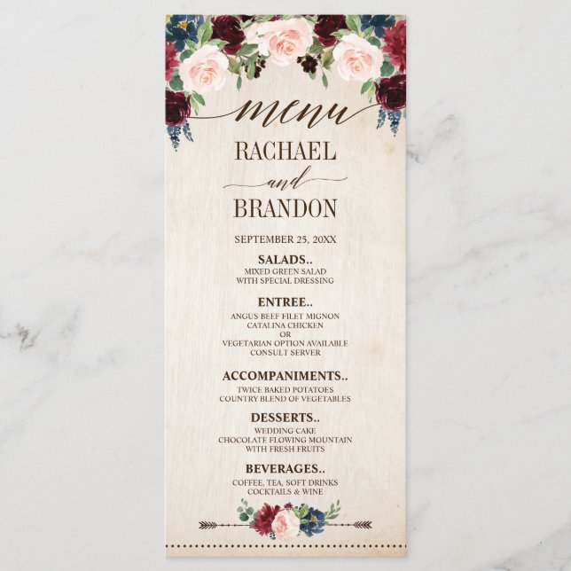 Burgundy Navy Floral Rustic Boho Country Wedding Menu (Front)